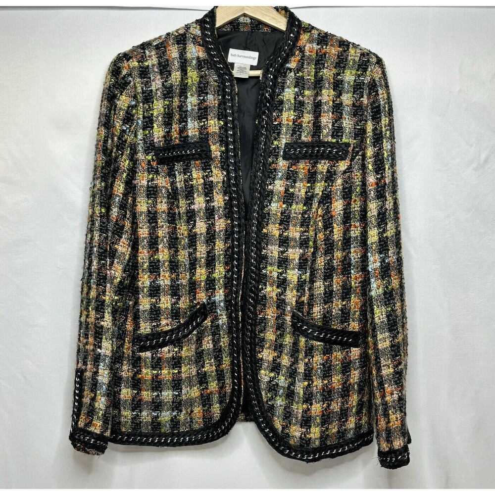 Soft Surroundings Tweed Jacket Open Blazer Large Multicolor Braided Chain Black